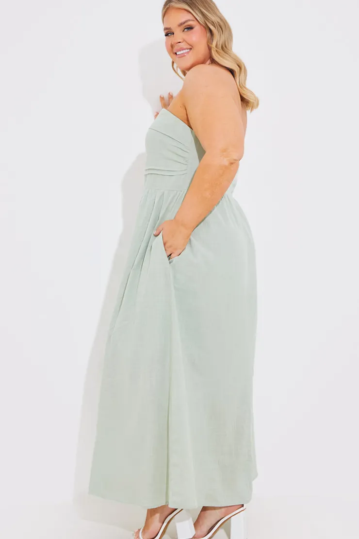 Hot In The Style Bandeau Linen Look Midi Dress Sage