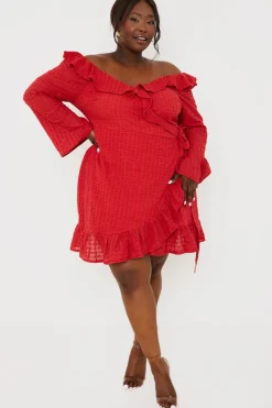 Hot In the Style Bardot Broderie Anglaise Mini Dress Red