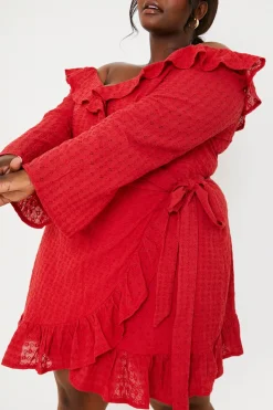 Hot In the Style Bardot Broderie Anglaise Mini Dress Red