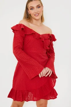 Hot In the Style Bardot Broderie Anglaise Mini Dress Red