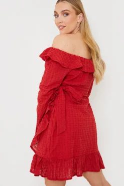 Hot In the Style Bardot Broderie Anglaise Mini Dress Red