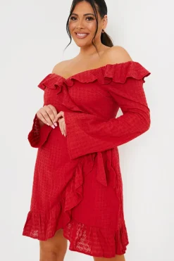 Hot In the Style Bardot Broderie Anglaise Mini Dress Red