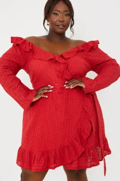 Hot In the Style Bardot Broderie Anglaise Mini Dress Red