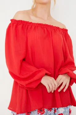 Best In the Style Bardot Long Sleeve Blouse Red