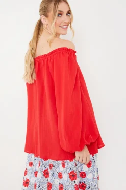 Best In the Style Bardot Long Sleeve Blouse Red