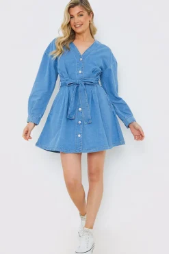 Outlet In the Style Belted Denim Shirt Dress Blue