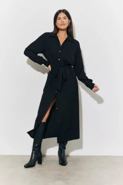 New In The Style Belted Midi Shirt Dress Black