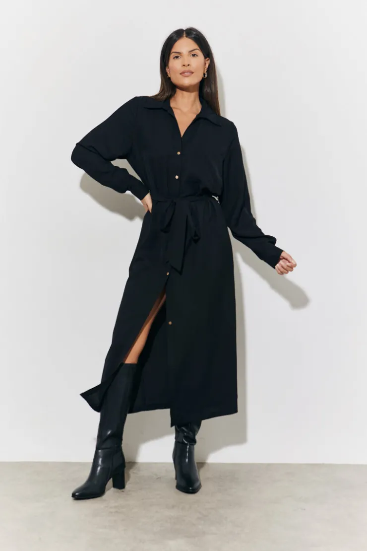 New In The Style Belted Midi Shirt Dress Black