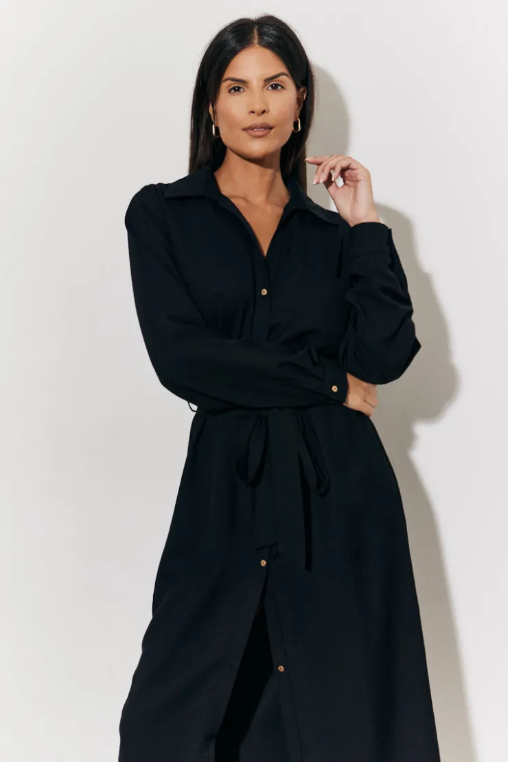 New In The Style Belted Midi Shirt Dress Black