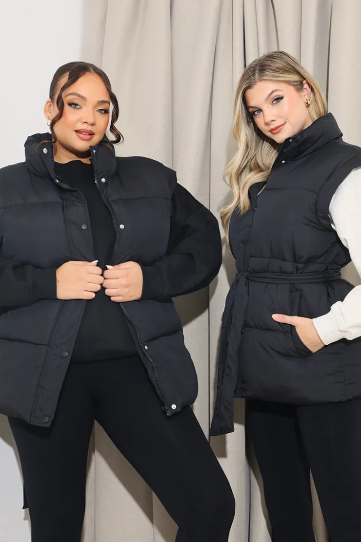 Hot In The Style Belted Puffer Gilet Black