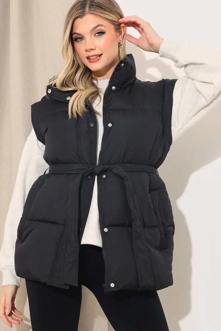 Hot In The Style Belted Puffer Gilet Black
