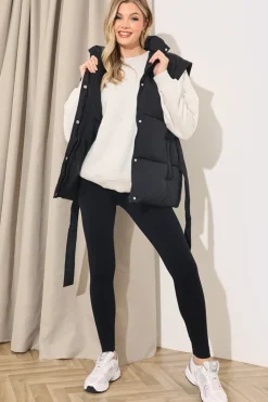 Hot In The Style Belted Puffer Gilet Black