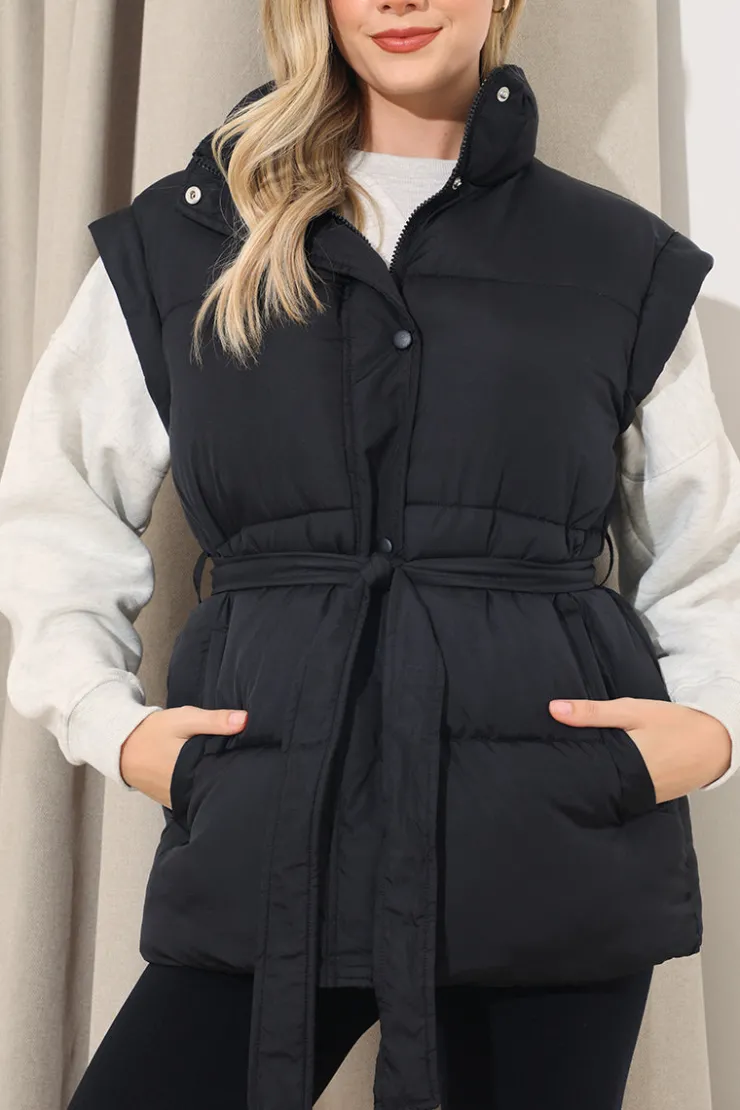 Hot In The Style Belted Puffer Gilet Black
