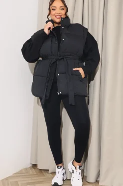 Hot In The Style Belted Puffer Gilet Black