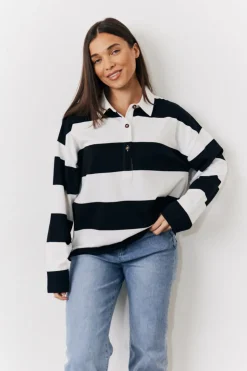 Hot In The Style Black & White 90's Stripe Long Sleeve Rugby Shirt Multi