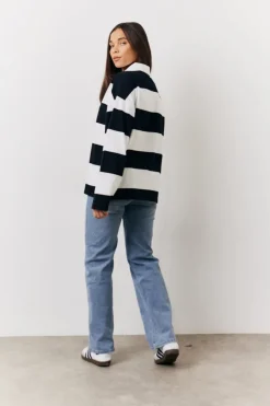 Hot In The Style Black & White 90's Stripe Long Sleeve Rugby Shirt Multi