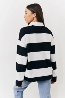 Hot In The Style Black & White 90's Stripe Long Sleeve Rugby Shirt Multi