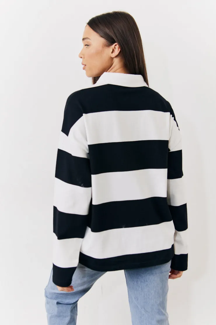 Hot In The Style Black & White 90's Stripe Long Sleeve Rugby Shirt Multi