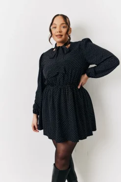 Best In The Style and White Polka Dot Mini Dress with Tie Neck Black