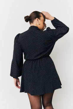 Best In The Style and White Polka Dot Mini Dress with Tie Neck Black