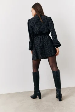 Best In The Style and White Polka Dot Mini Dress with Tie Neck Black