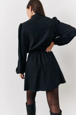 Best In The Style and White Polka Dot Mini Dress with Tie Neck Black