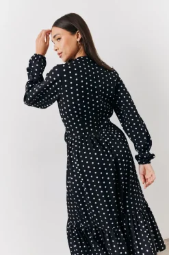Online In The Style and White Polka Dot Frill Detail Midaxi Dress Black