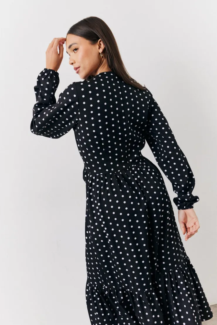 Online In The Style and White Polka Dot Frill Detail Midaxi Dress Black