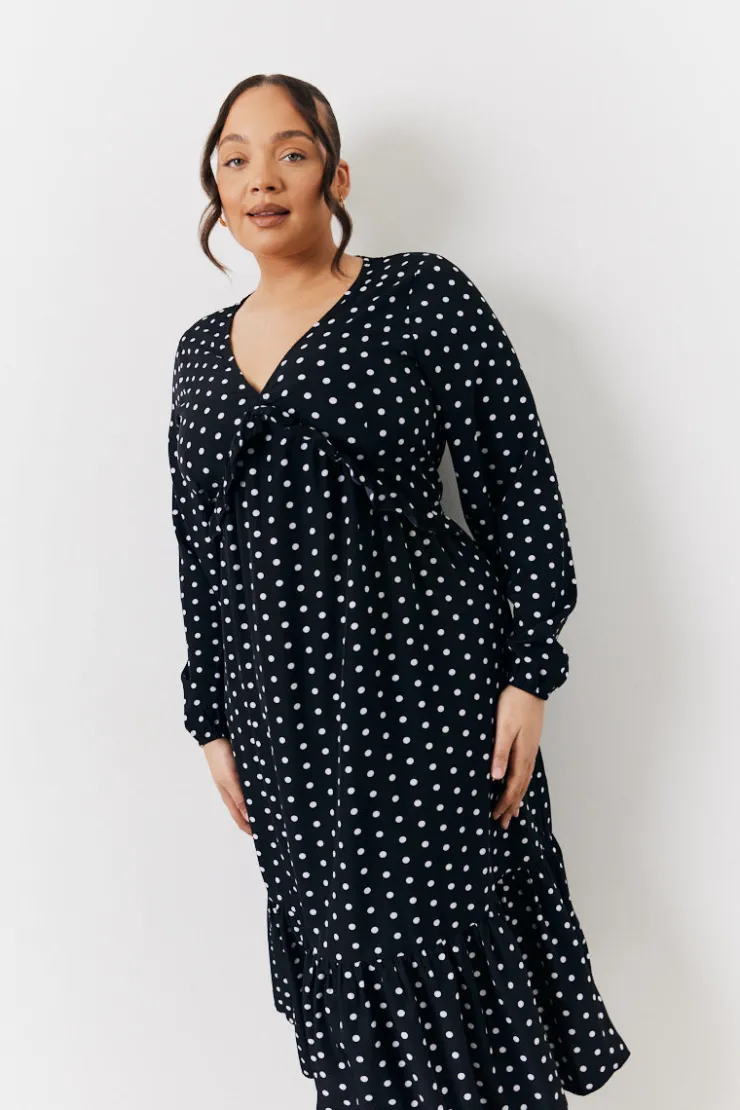 Online In The Style and White Polka Dot Frill Detail Midaxi Dress Black