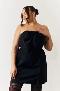 Online In the Style Bandeau Bow Front Split Hem Mini Dress Black