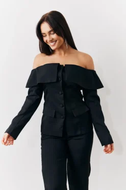 Online In the Style Bardot Button Through Blazer Black