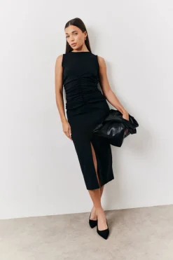 In The Style Bengaline Ruched Midi Dress Black