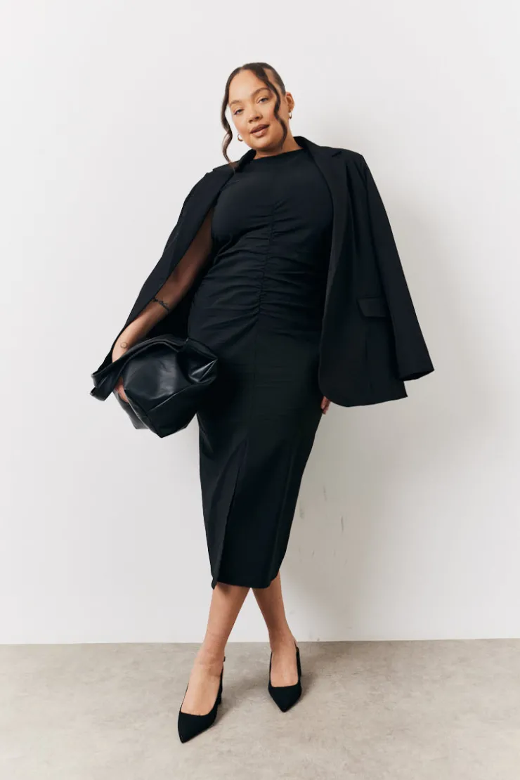 In The Style Bengaline Ruched Midi Dress Black
