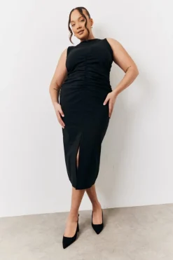 In The Style Bengaline Ruched Midi Dress Black