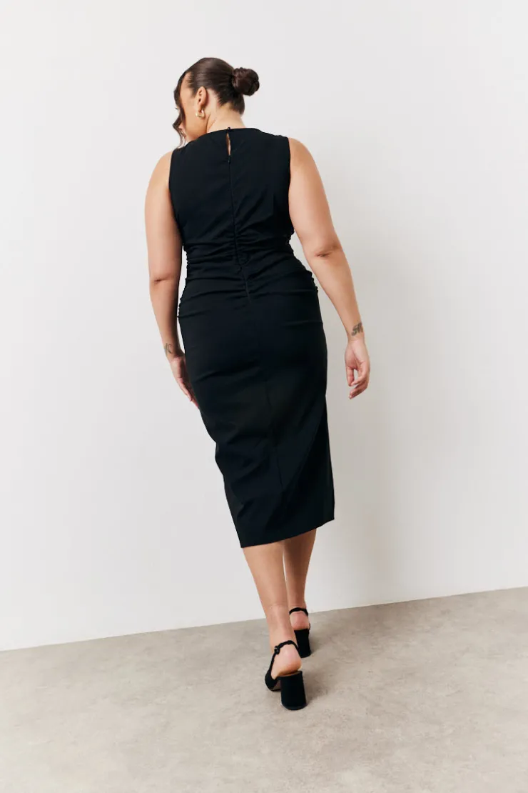 In The Style Bengaline Ruched Midi Dress Black