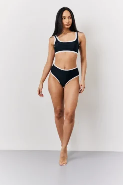 Discount Fits Contrast Binding High Waist Bikini Bottoms Black