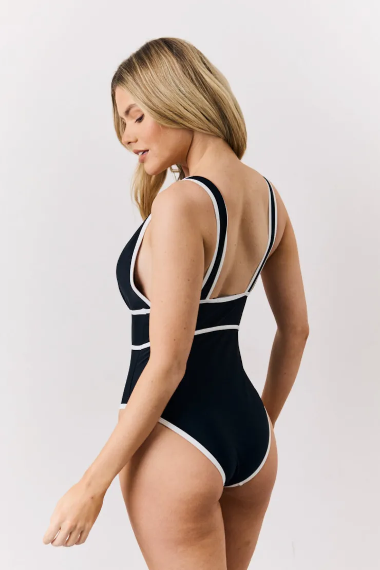 Fits Contrast Binding Plunge Swimsuit Black