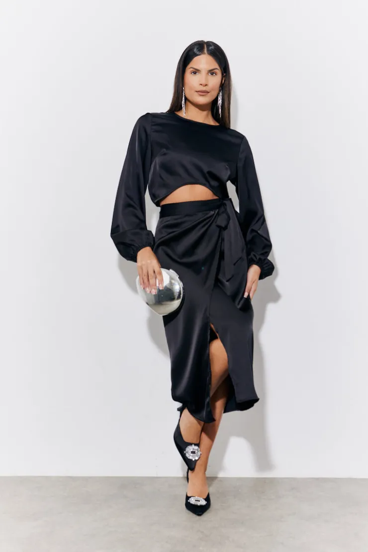 Discount In the Style Curved Hem Satin Top Black