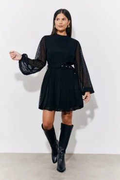 Best In The Style Dobby Belted Pleated Skater Mini Dress Black