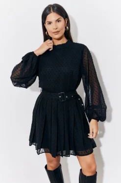 Best In The Style Dobby Belted Pleated Skater Mini Dress Black