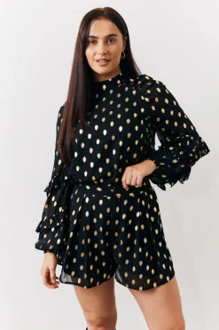 Online In The Style Foil Detail Chiffon Blouse Black
