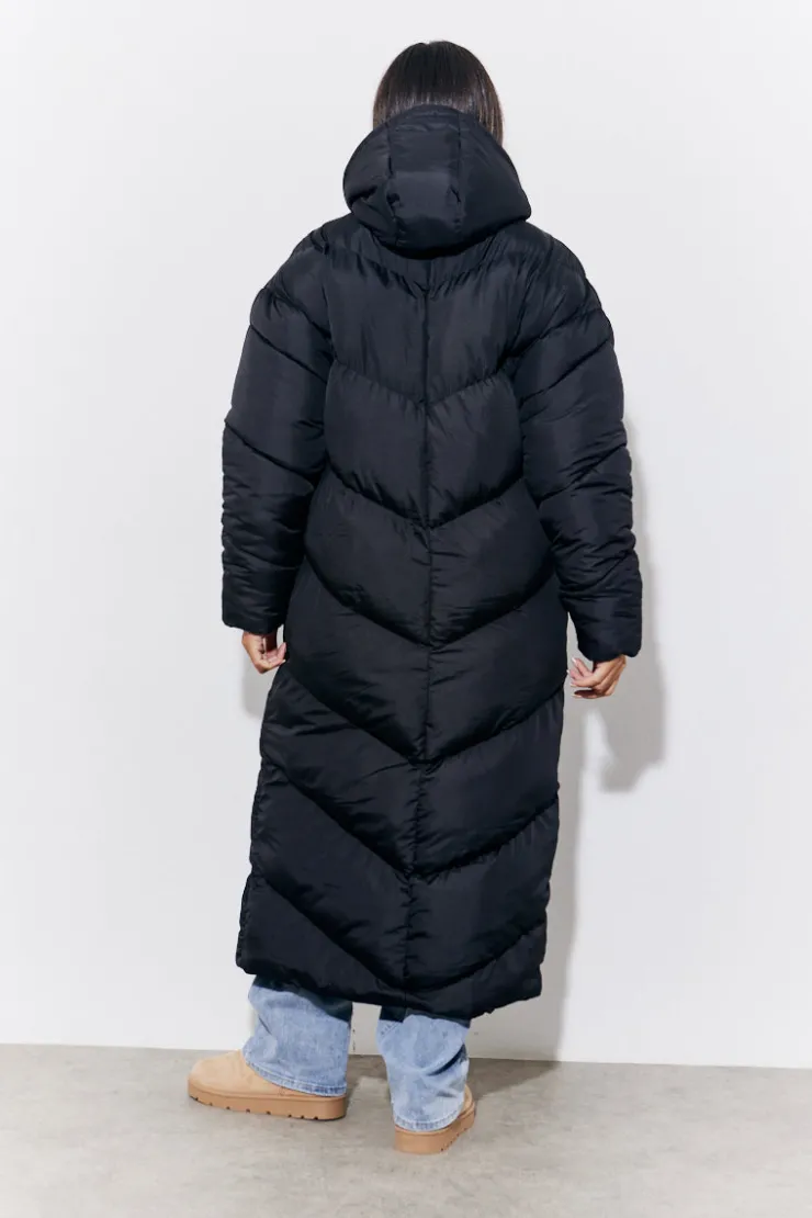 Clearance In the Style Hooded Longline Popper Puffer Coat Black
