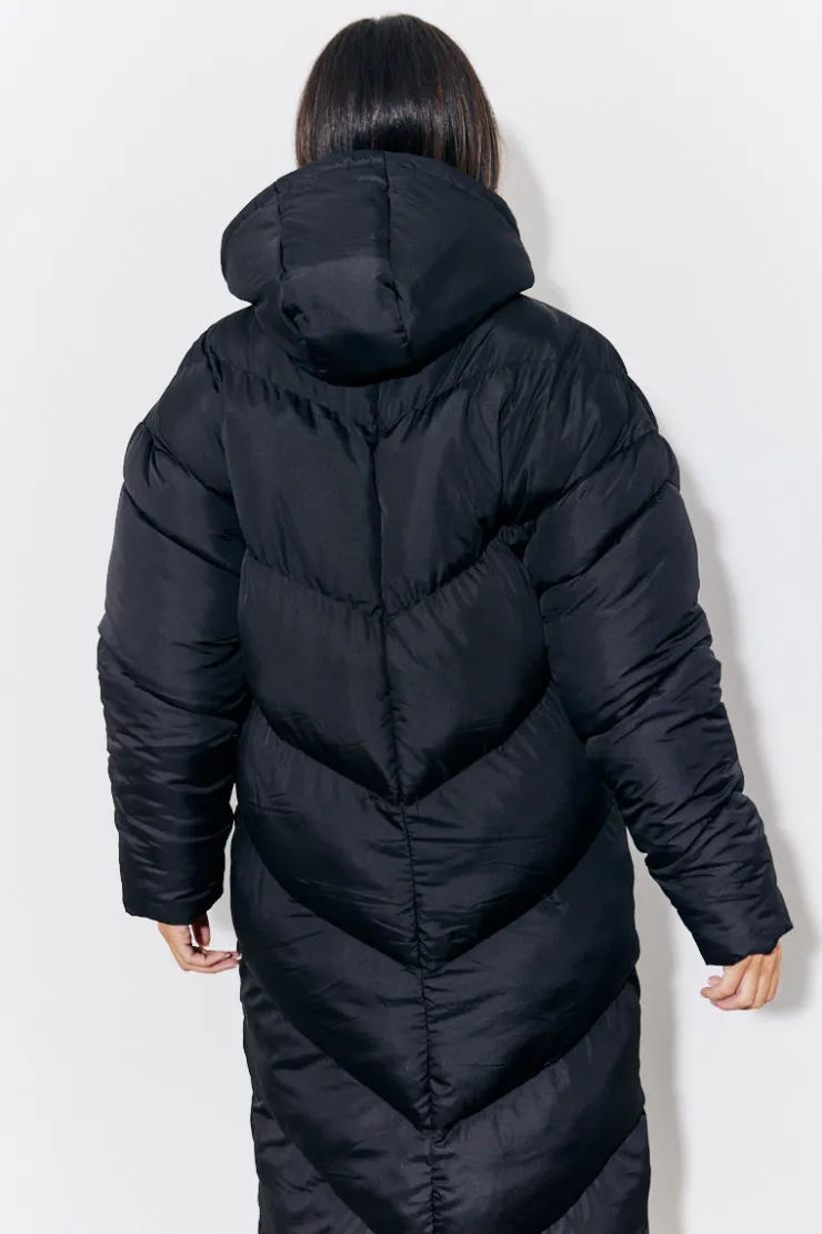 Clearance In the Style Hooded Longline Popper Puffer Coat Black