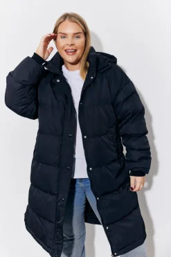 Clearance In the Style Hooded Longline Popper Puffer Coat Black