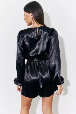 Sale In the Style Liquid Satin Belted Detail Playsuit Black