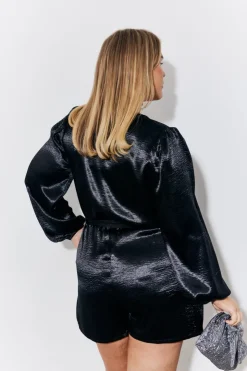 Sale In the Style Liquid Satin Belted Detail Playsuit Black
