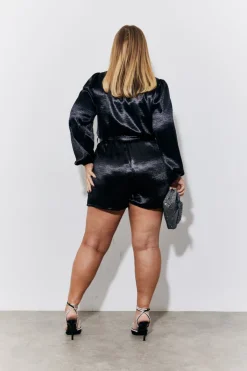 Sale In the Style Liquid Satin Belted Detail Playsuit Black