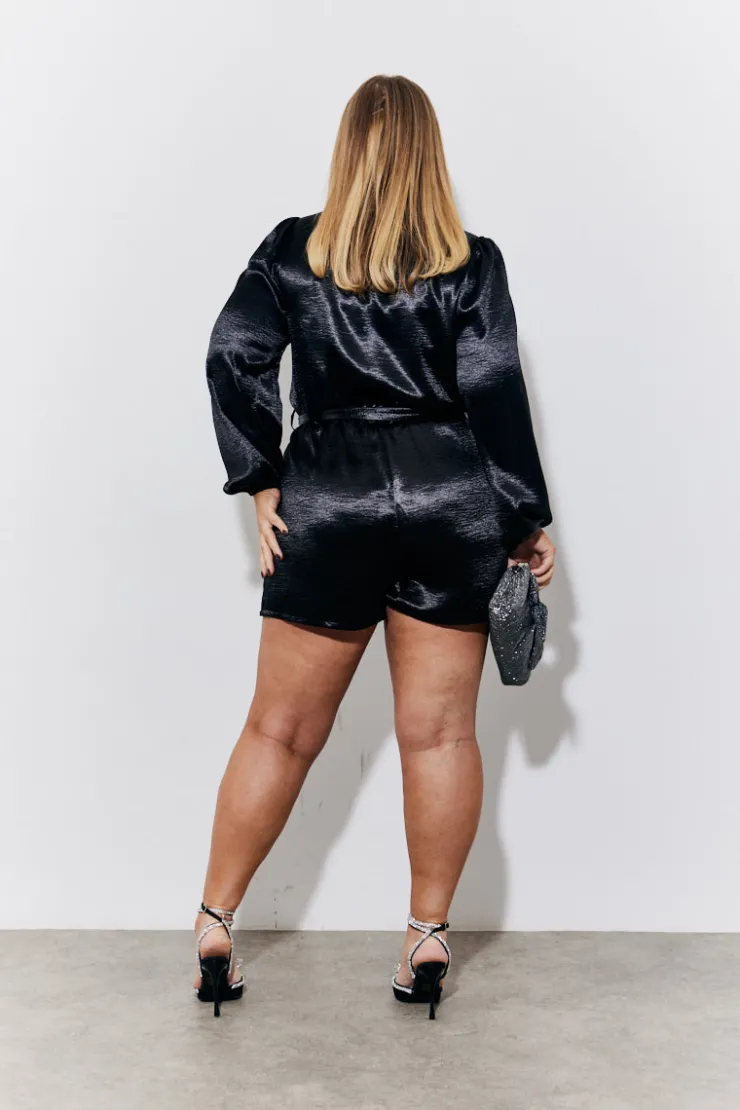 Sale In the Style Liquid Satin Belted Detail Playsuit Black