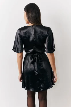 Clearance In the Style Liquid Satin Wrap Front Detail Mini Dress Black