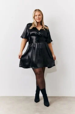 Clearance In the Style Liquid Satin Wrap Front Detail Mini Dress Black